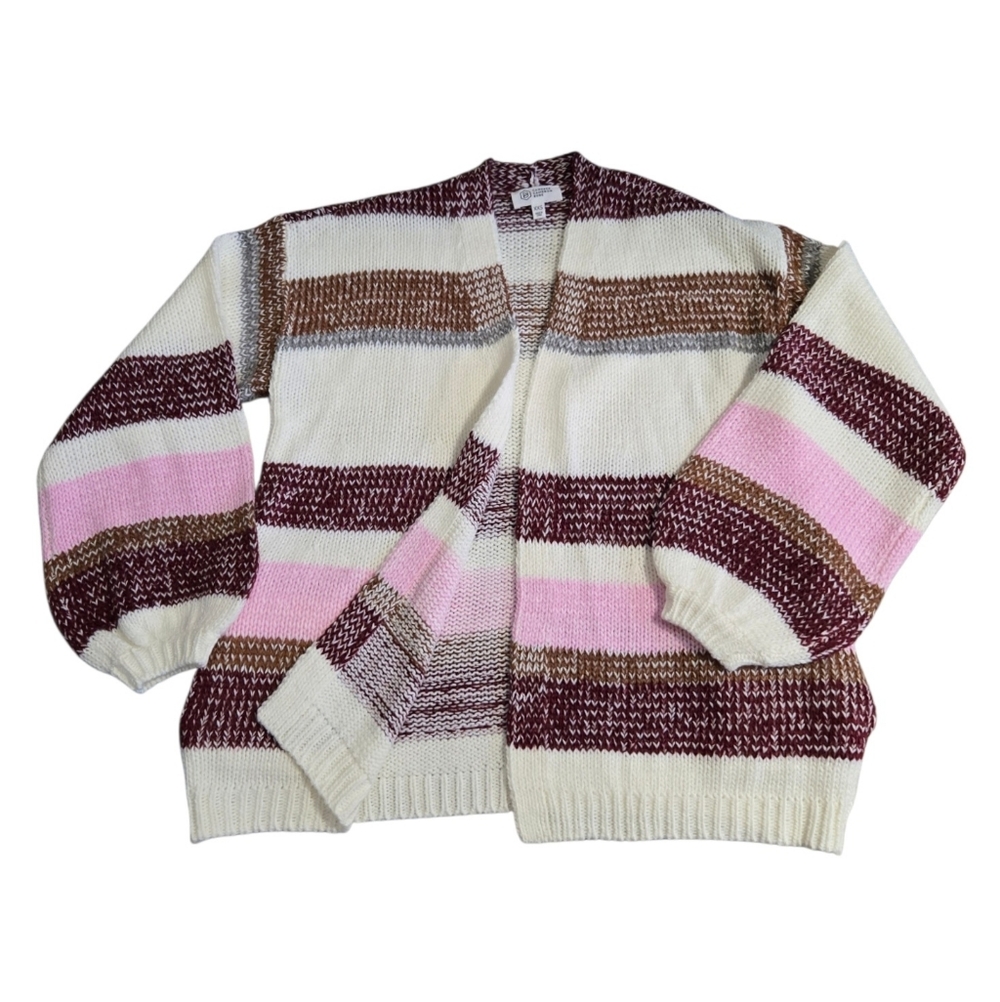 Candace Cameron Bure QVC Striped Balloon Sleeve Cardigan Sweater Bordeaux XXS